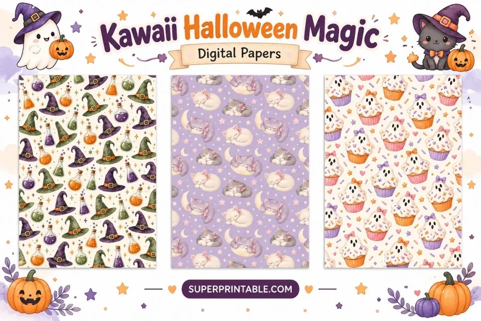 10+ Kawaii Halloween Magic Digital Papers Feature Image