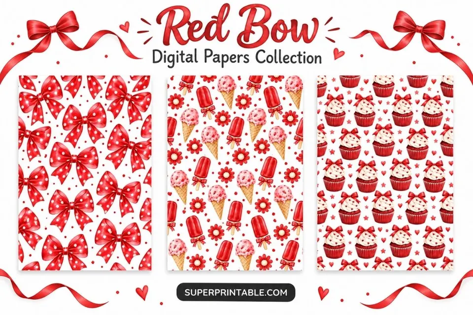 20 Red Bow Digital Papers Collection Feature Image