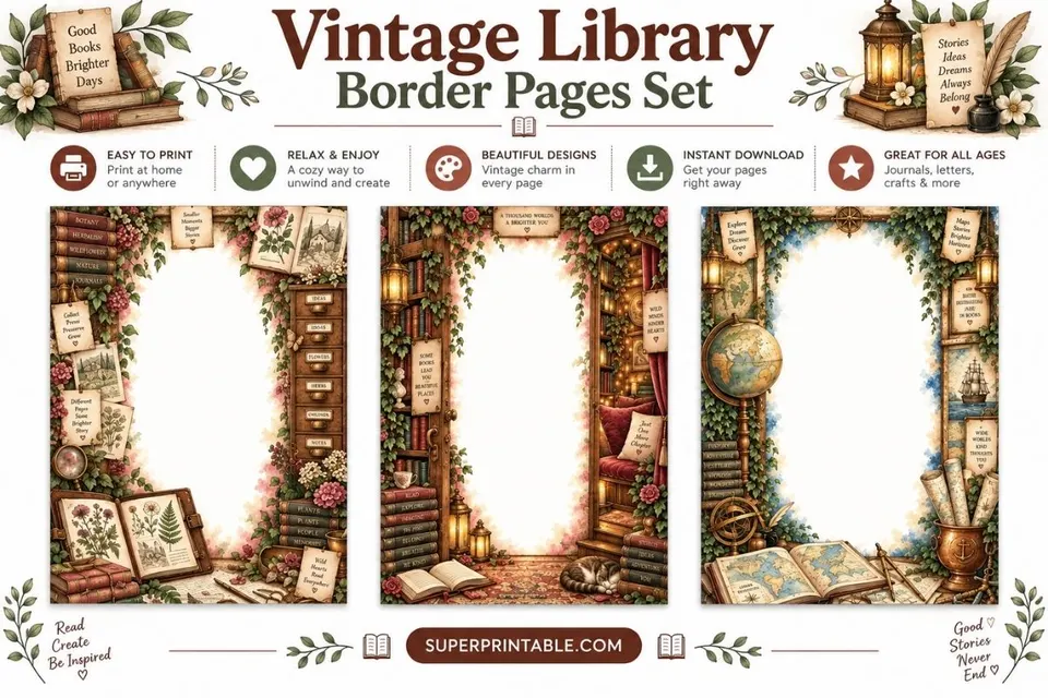 20+ Vintage Library Border Pages Set Feature Image