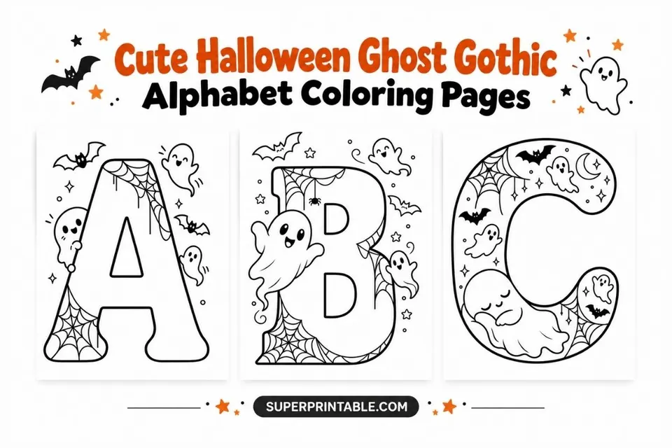 Cute Halloween Ghost Gothic Alphabet Coloring Pages Feature Image