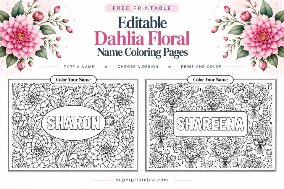 Editable Dahlia Floral Name Coloring Pages