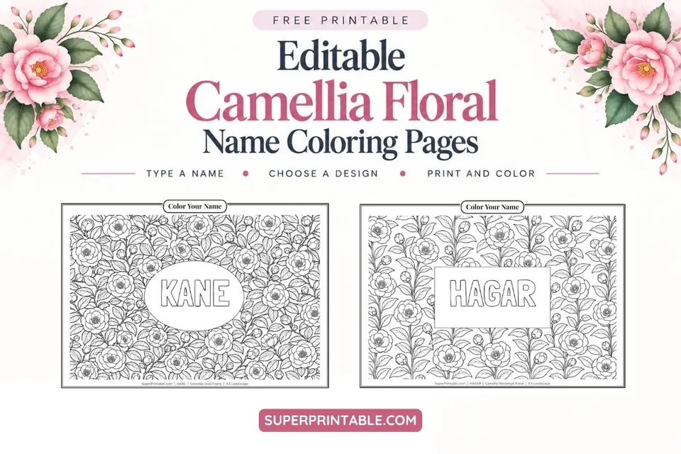 Editable Camellia Floral Name Coloring Pages Feature Image