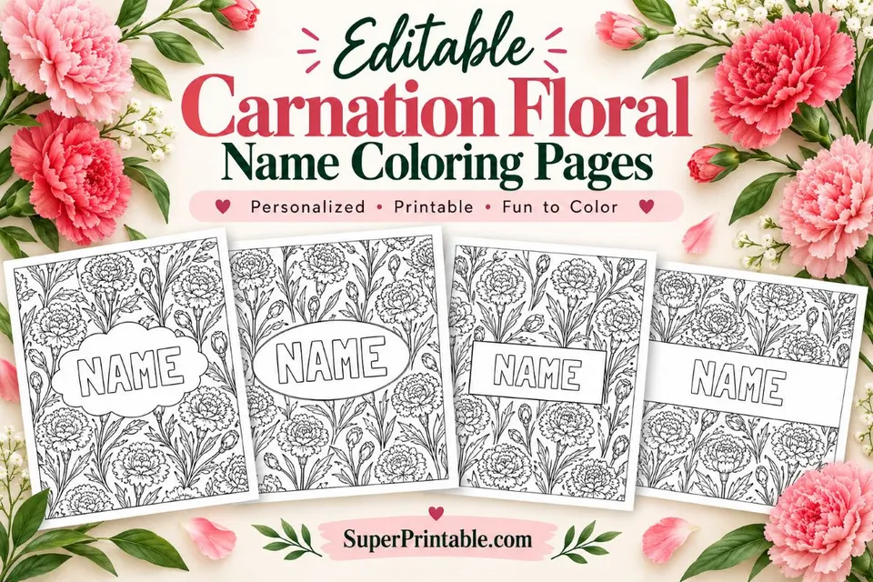 Editable Carnation Floral Name Coloring Pages Featured