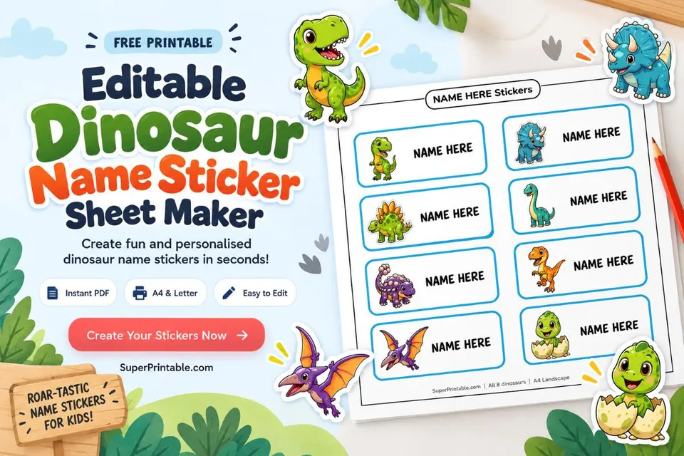 Editable Dinosaur Name Sticker Sheets