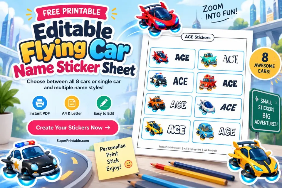 Editable Flying Car Name Sticker Sheets