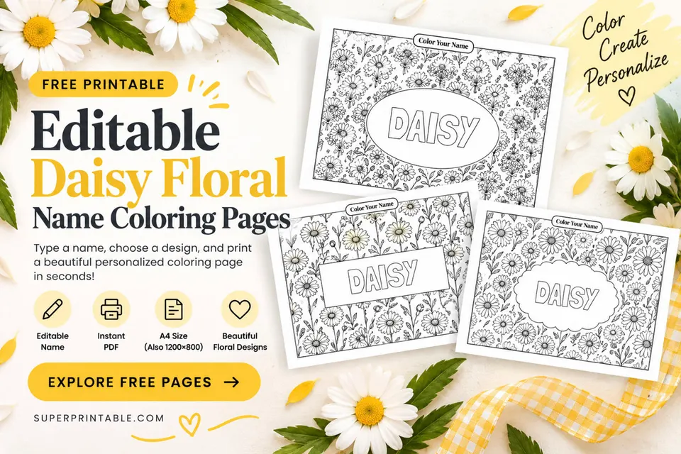 Editable Daisy Floral Name Coloring Pages Blog Image
