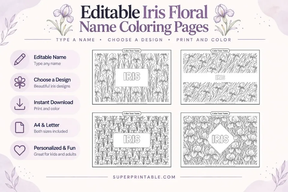 Editable Iris Floral Name Coloring Pages