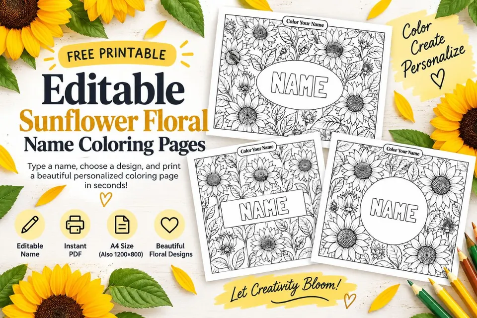 Editable Sunflower Floral Name Coloring Pages