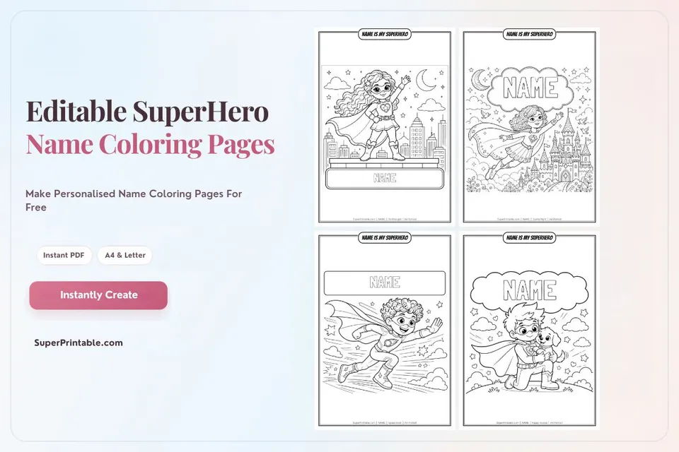 Editable Superhero Name Coloring Pages