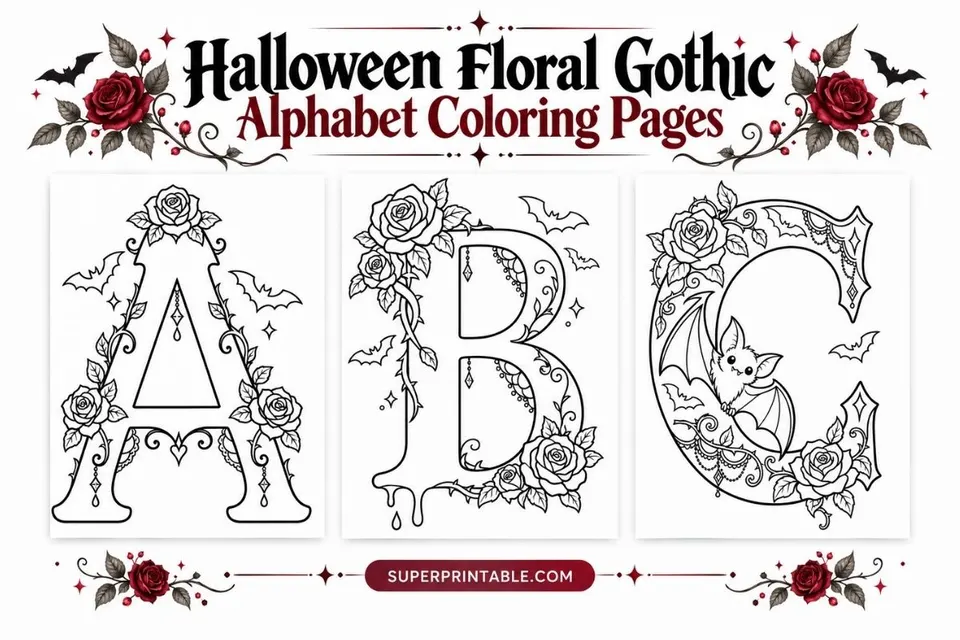 Halloween Floral Gothic Alphabet Coloring Pages Feature Image