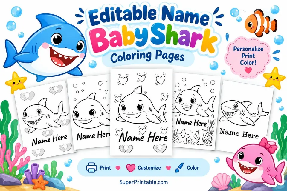 Name Editable Baby Shark Coloring Pages