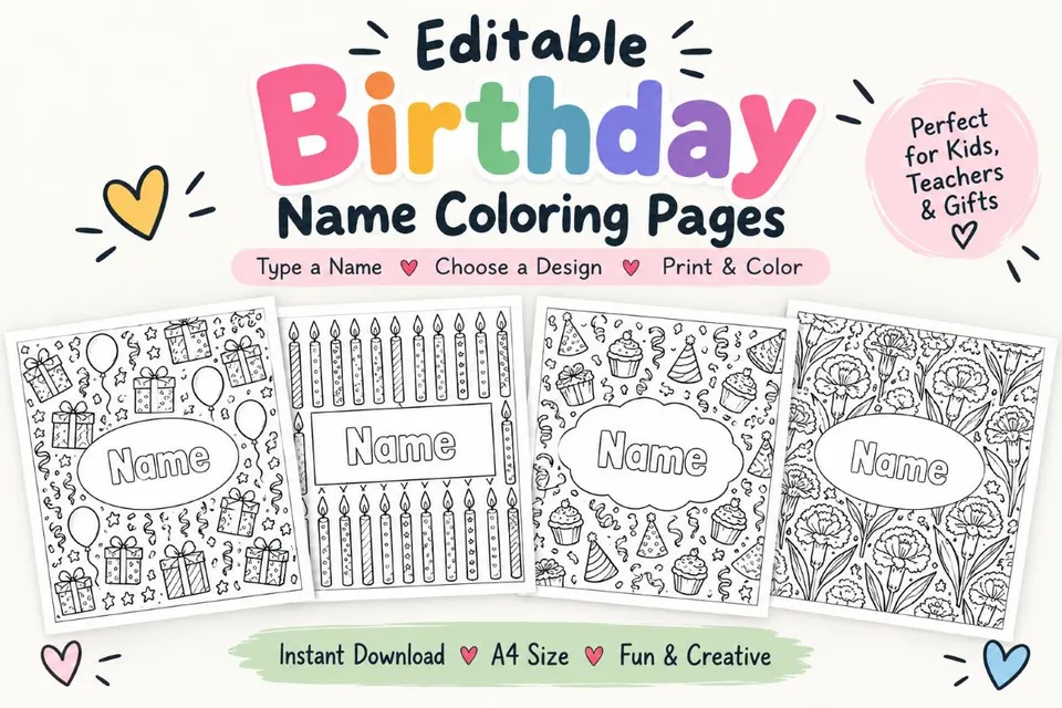 Name Personalised Birthday Coloring Page Featured