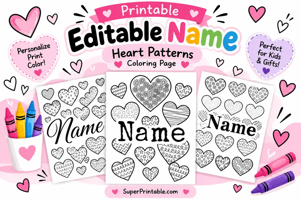 Printable Editable Name Heart Patterns Coloring Page