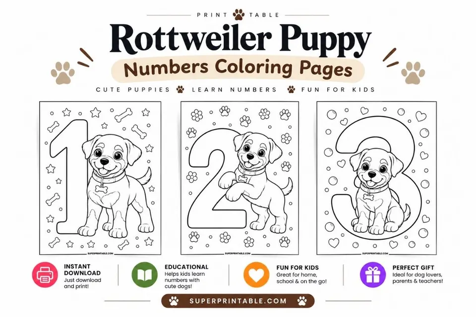 Rottweiler Puppy Numbers Coloring Pages Feature Image