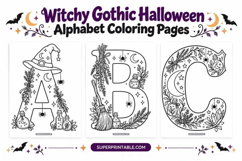 Witchy Gothic Halloween Alphabet Coloring Pages