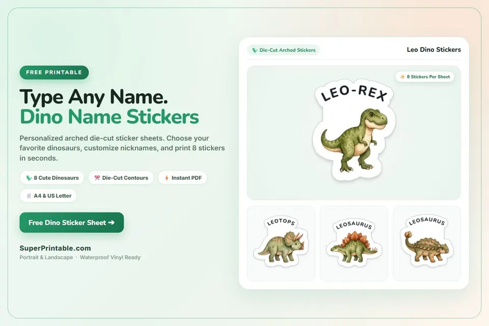 Turn any child's name into a dinosaur nickname like Leosaurus or Leo-Rex! Customize 8 arched die-cut sticker designs and download your instant free PDF.