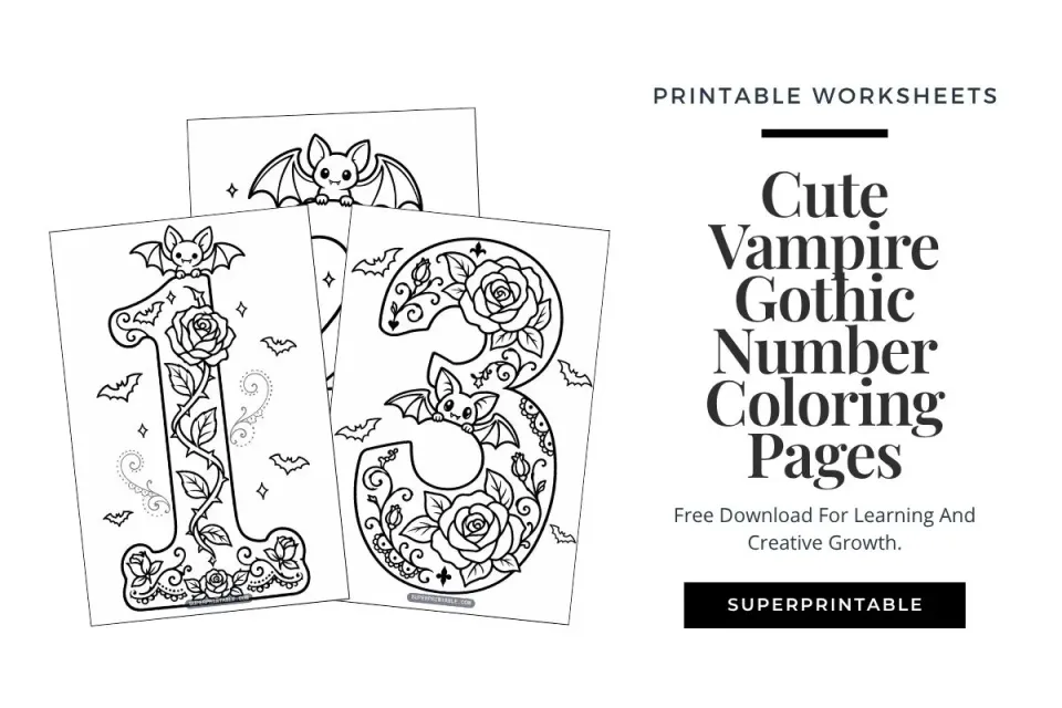Cute Vampire Gothic Number Coloring Pages with the numbers 1, 2 and 3